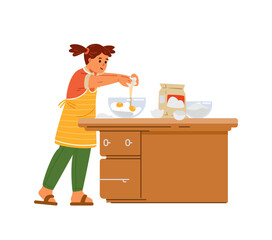 Cute little girl breaking eggs to make a dough flat vector illustration isolated on white. Kid cooking.