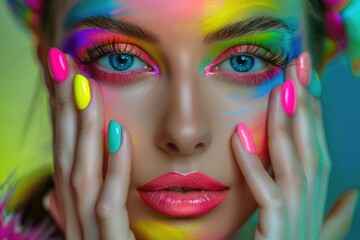Vivid colors in beauty girls face and nails.