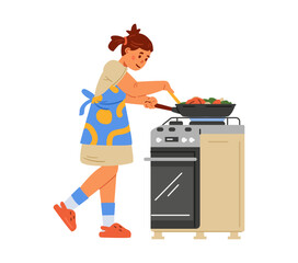 Girl in apron frying vegetables in a frying pan on a gas stove flat vector illustration isolated on white. Kid cooking a dinner.