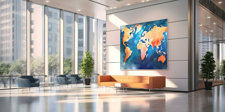 Corporate lobby with diverse artwork multilingual signs inclusive and professional environment. Concept Corporate Lobby Decor, Multilingual Signage, Diverse Artwork, Inclusive Environment