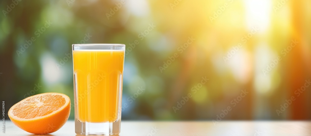Poster glass of orange juice with blurred background. creative banner. copyspace image
