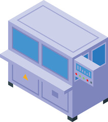 Modern industrial equipment operating with control panel, digital screens and warning sign