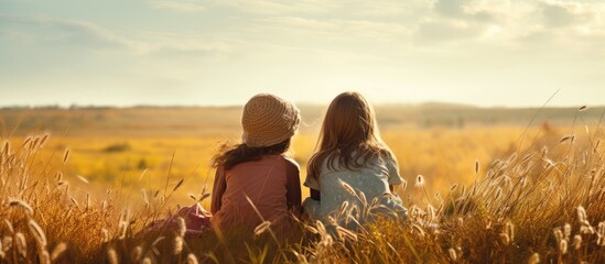 Two Young Girls in the autumn Field. Creative banner. Copyspace image