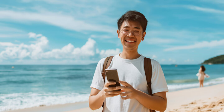 A happy young tourist at the beach uses his smartphone, enjoying connection and the sunny scenery
