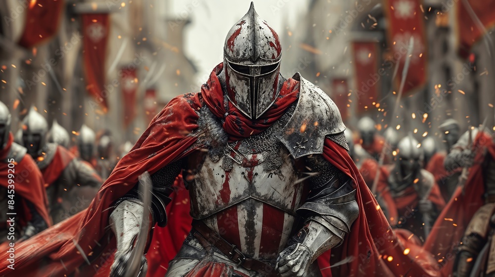 Wall mural Epic Medieval Knight Leading Battle Charge in Armored Suit and Red Cape