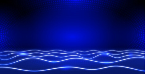 Empty Abstract Wavy Blue Neon Background in Retro Wave Style. Vector clip art for your music project design.