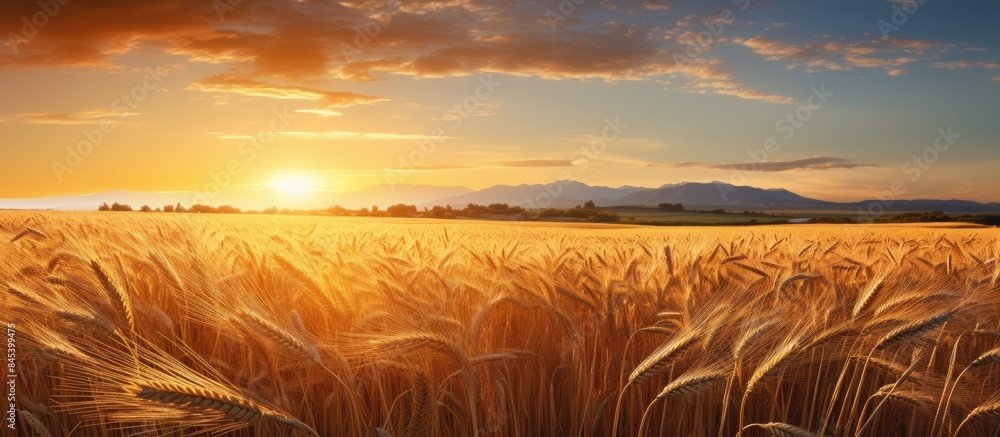 Aufkleber a general view of wheat field at the sunset. creative banner. copyspace image