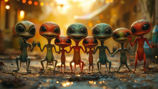 A unique assembly of animated aliens in various colors celebrating diversity and friendship