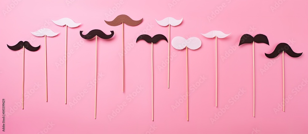 Aufkleber wooden sticks with different paper mustaches on pink background. creative banner. copyspace image