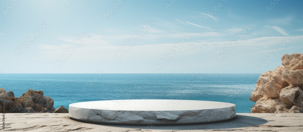 Poster stone rocky pedestal or podium in front of sea ocean background empty product template summer vibe m