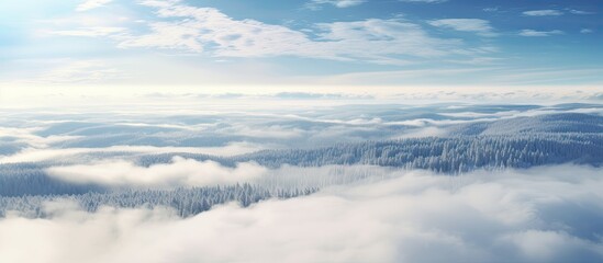Obraz premium Landscape winter forest cloud sky sunny day From above. Creative banner. Copyspace image