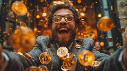A man is throwing gold coins into the air while wearing a suit and glasses