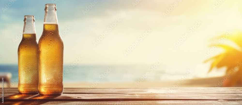 Poster opened bottle of beer with condensation on the wooden table blurred sparkling sea at the background 