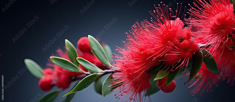 Poster red bottle brush tree flower branch isolated. creative banner. copyspace image