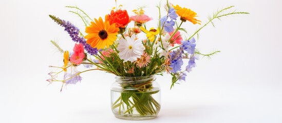 Vivid colored wild flowers in a transparent vase close up white background. Creative banner. Copyspace image