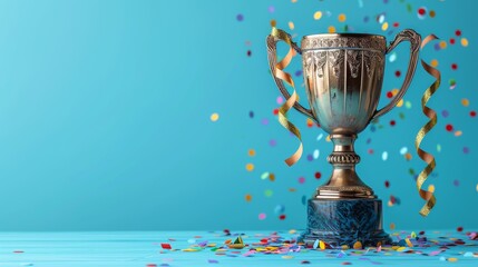 Old-fashioned trophy amidst vibrant confetti symbolizing triumphant celebration and festive joy