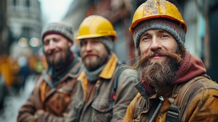 Fototapeta premium Three construction workers with hard hats smiling at camera showcasing teamwork and safety at a worksite