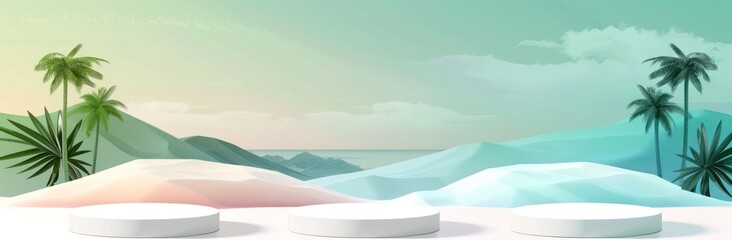 Obraz premium Amidst the beauty of an exotic natural landscape, white round podiums create a striking contrast, perfect for events.