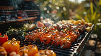 Golden hour photo of sizzling seafood skewers and vegetables grilling on barbecue with natural surroundings