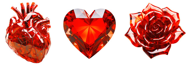 Set of red fashion crystal objects on png background. Ideal set for moodboards design and collage art. Red aesthetic trends.