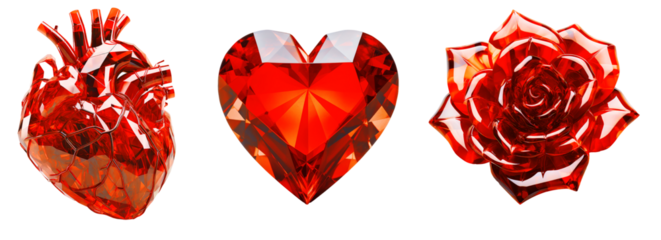 Set of red fashion crystal objects on png background. Ideal set for moodboards design and collage art. Red aesthetic trends.