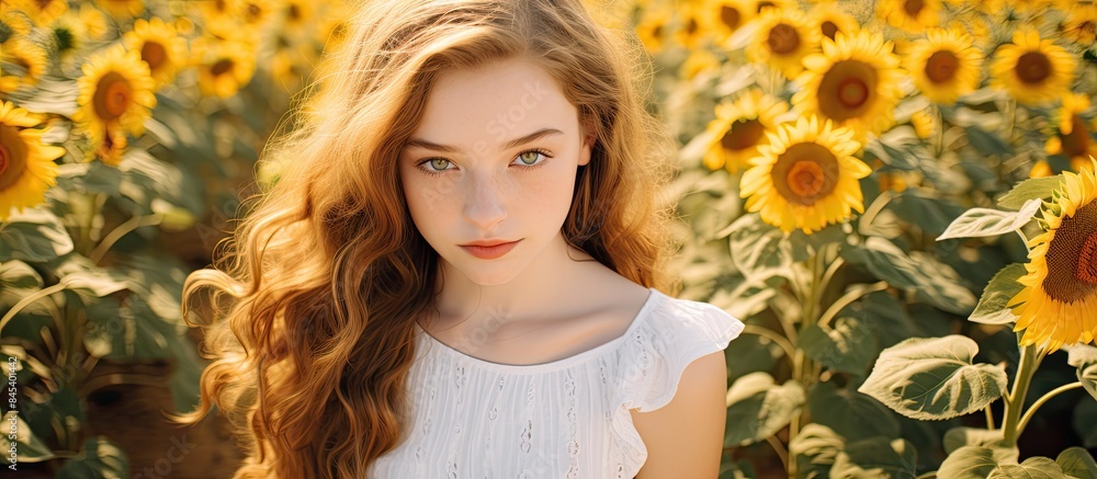 Sticker young beautiful girl on a field of sunflowers. creative banner. copyspace image