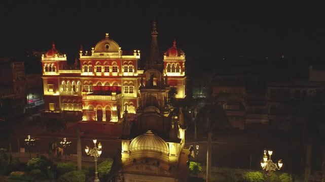 Drone shot of Town hall building decorated with lights during night in Gwalior city of Madhya Pradesh India
