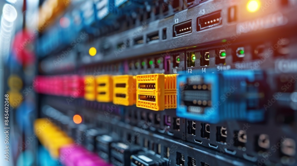 Poster colorful network cables are shown connected to a server rack with sharp focus and clear detail