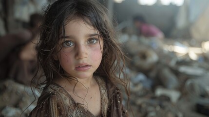 Fototapeta premium A solemn child's arresting gaze demands our empathy, her expression framed by the harsh reality of her environment