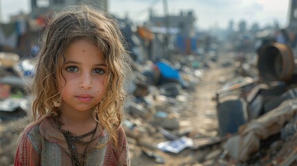Fototapeta premium A young girl's thoughtful look captures her contemplation against a wasteland backdrop, hinting at her resilience
