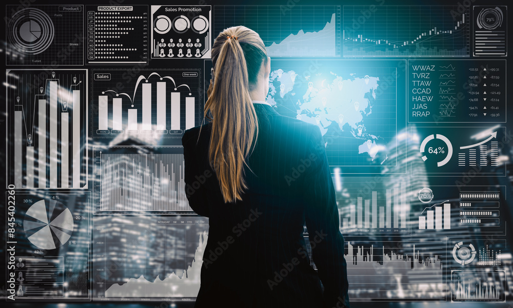 Poster data analysis for business and finance concept. interface showing future computer technology of prof