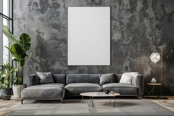 Modern Living Room Interior with Gray Sofa, Plant, and Blank Canvas on Dark Wall
