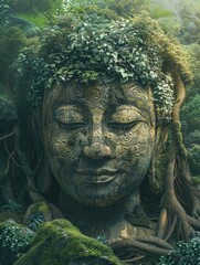 Oversized Buddha head sculpture in nature