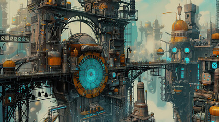old town, construction, vintage background, products, enginer, generative, ai, steampunk, clock background, machine, mechanical, blue, gold, gear, clock, watch, mechanism, architecture, church, buildi