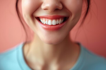 Obraz premium Close-up of a woman's lower face blurred for anonymity, wearing a blue shirt against a red background