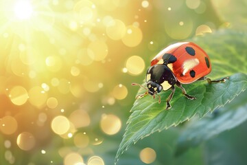 Obraz premium Close-up of a bright red ladybug with detailed spots on a leaf with morning dew reflecting light