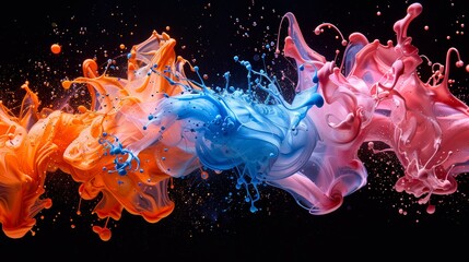Dynamic scene with explosive splashes of bright orange and blue colored liquids creating an energetic and artistic display