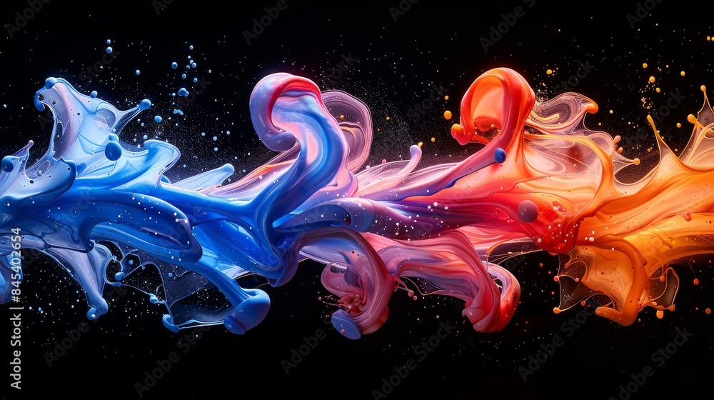Poster an artistic representation of intertwining streams of blue and red liquids against a black backgroun
