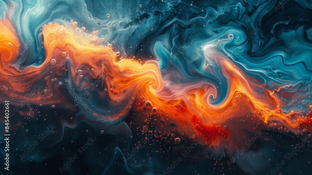 Poster vivid abstract background with a dynamic mix of orange and blue colors resembling flowing lava and i