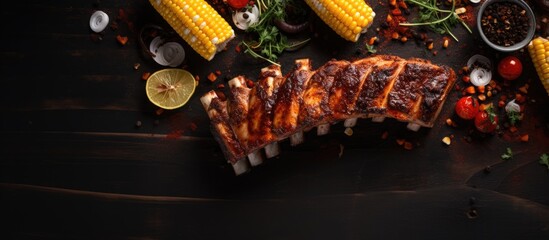 Barbecued pork ribs with corn elotes flat lay. Creative banner. Copyspace image