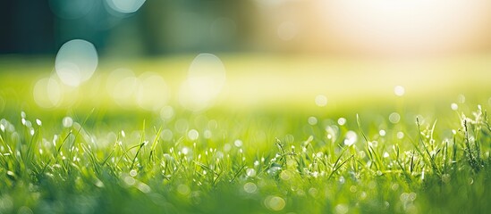 Obraz premium Soft focus juicy fresh green grass glistens in the sun Sunny summer background. Creative banner. Copyspace image