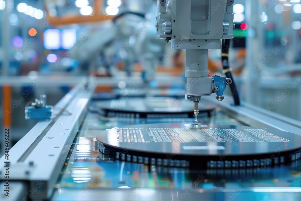 Poster robotic manufacturing of semiconductors and computer chips from silicon wafers. modern technology co