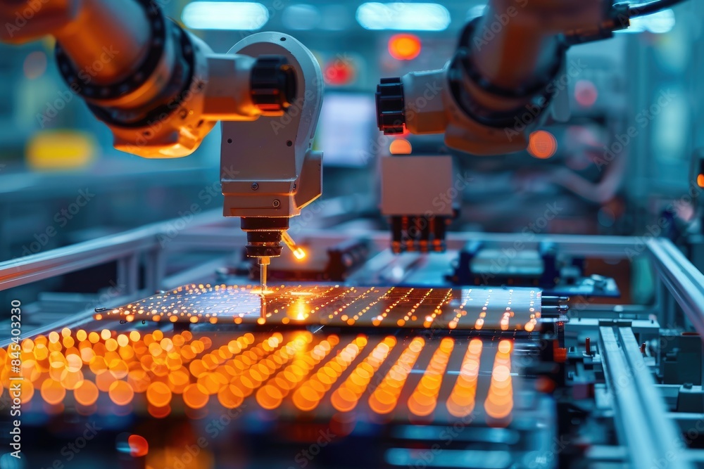 Poster robotic manufacturing of semiconductors and computer chips from silicon wafers. modern technology co