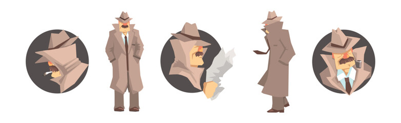 Inspecting Man Detective Character in Hat and Coat Vector Set