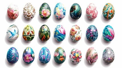 A collection of colorful hand-painted decorated Easter eggs on a white background, featuring various patterns and floral designs.