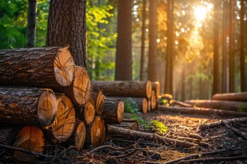 A pile of logs in a forest clearing. Impact of deforestation and climate change