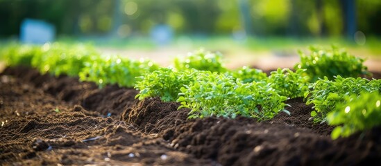 Weeding beds with agricultura plants growing in the garden Weed control in the garden Cultivated land close up Agricultural work on the plantation. Creative banner. Copyspace image