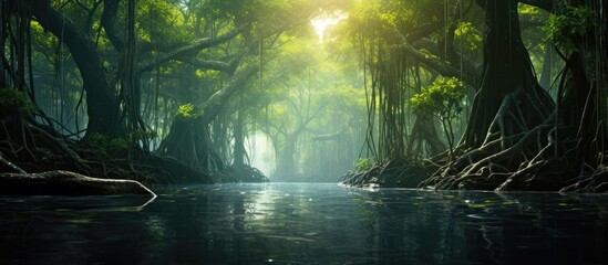 Fototapeta premium Trees in a thick mangrove forest. Creative banner. Copyspace image