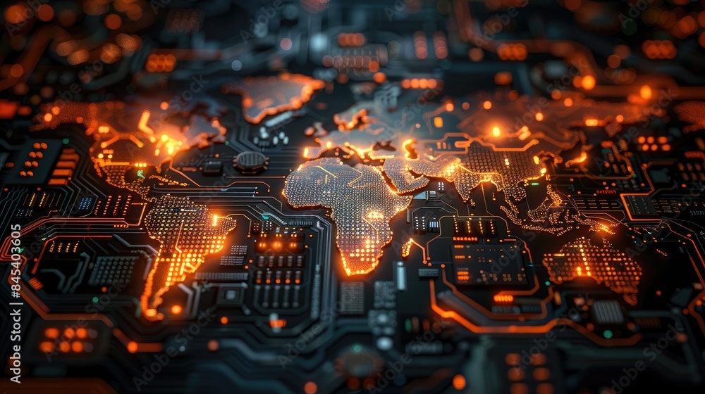 Aufkleber World map digital tech circuit board background