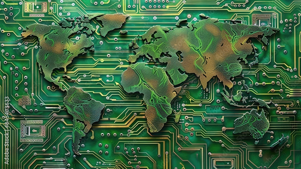 Aufkleber world map digital tech circuit board background